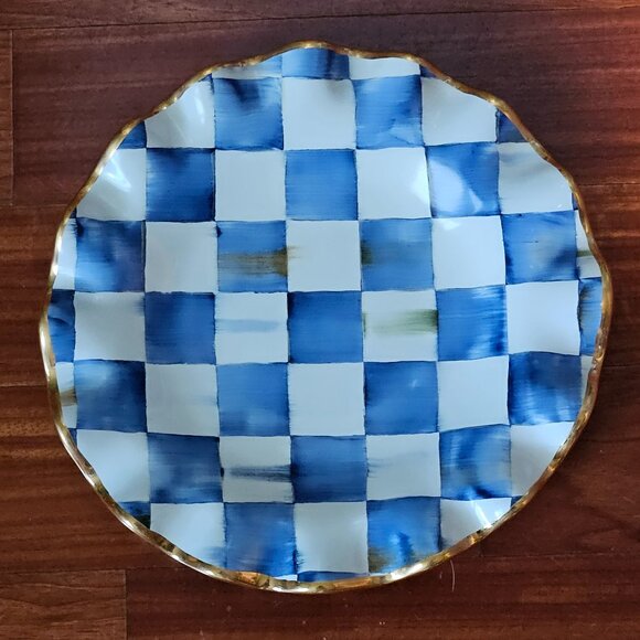 RARE AURORA MACKENZIE CHILDS FLUTED BLUE ROYAL CHECK CERAMIC SALAD PLATE DISH - Picture 1 of 10